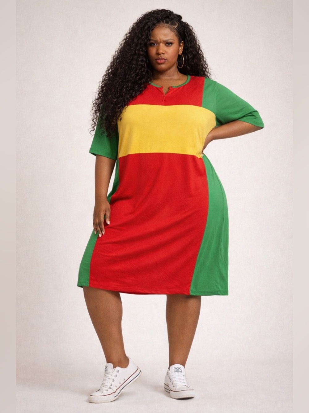 Ashley Stewart Red, Yellow & Green Colorblock Midi Dress for sale